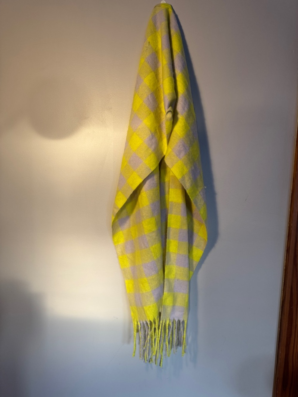 Anthropologie Yellow and Cream Checked Fringe Wrap Scarf